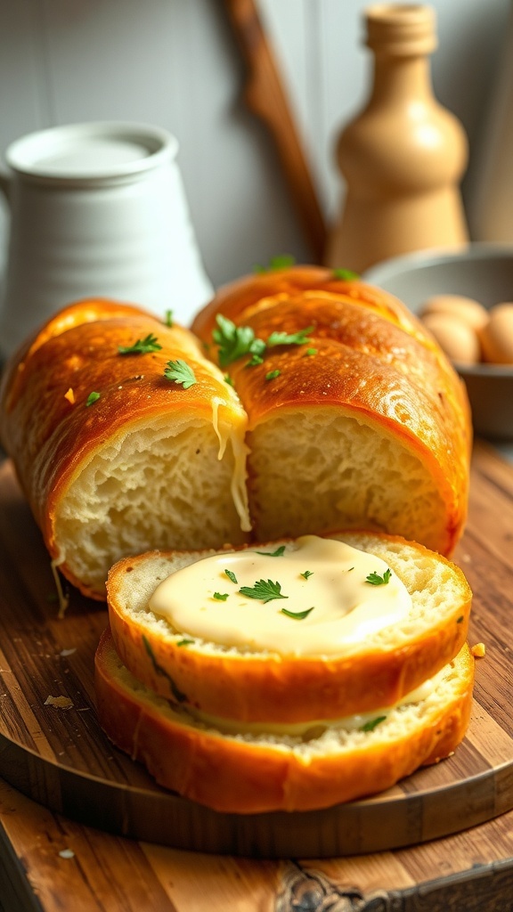 Korean garlic bread with creamy filling, garnished with parsley, on a wooden board.